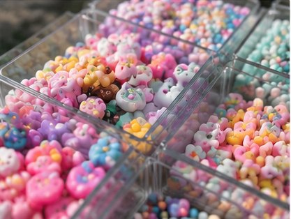 Trays of colourful mix-ins and slime charms